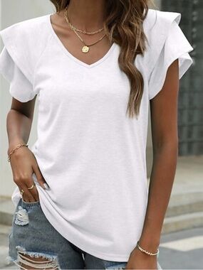 Women's V-Neck Flutter Sleeve Tee in White